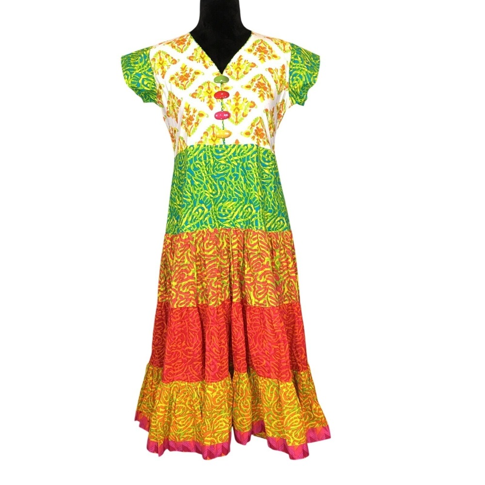 Neerus Dress MED Bright Color Fit Flare Full Skirt Midi Unique Button India LN